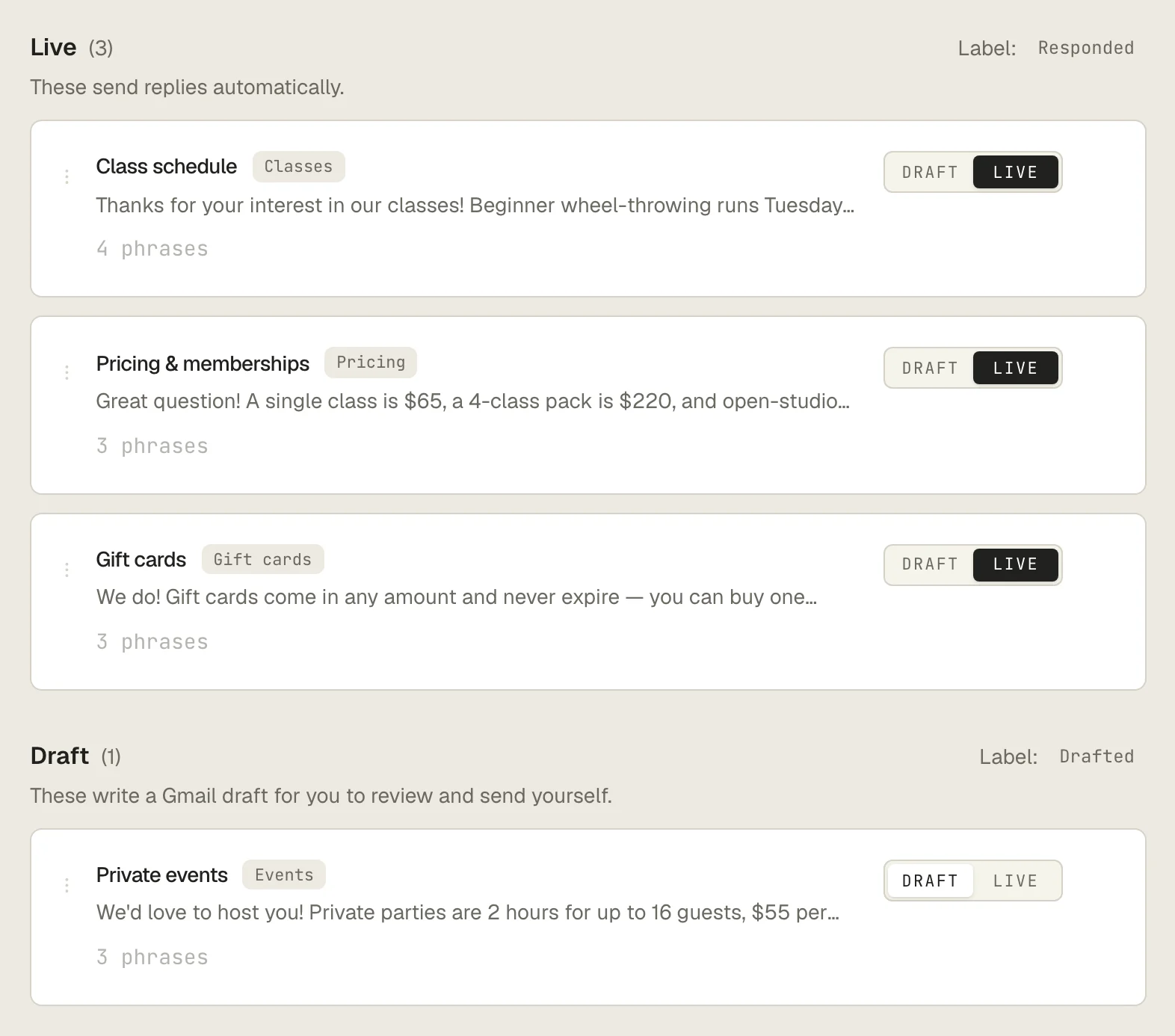 ReplyConductor responses list: three responses set to Live send automatically, one in Draft writes a Gmail draft for review.