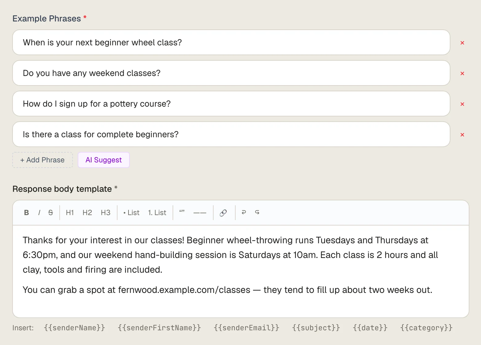 Editing a response in ReplyConductor: example phrases a customer might write, and the reply template sent back.